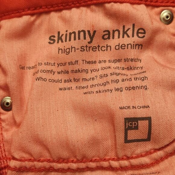 JCP Women's Coral Pink Skinny Ankle High-Stretch Jeans Size 29/8 - Picture 8 of 8